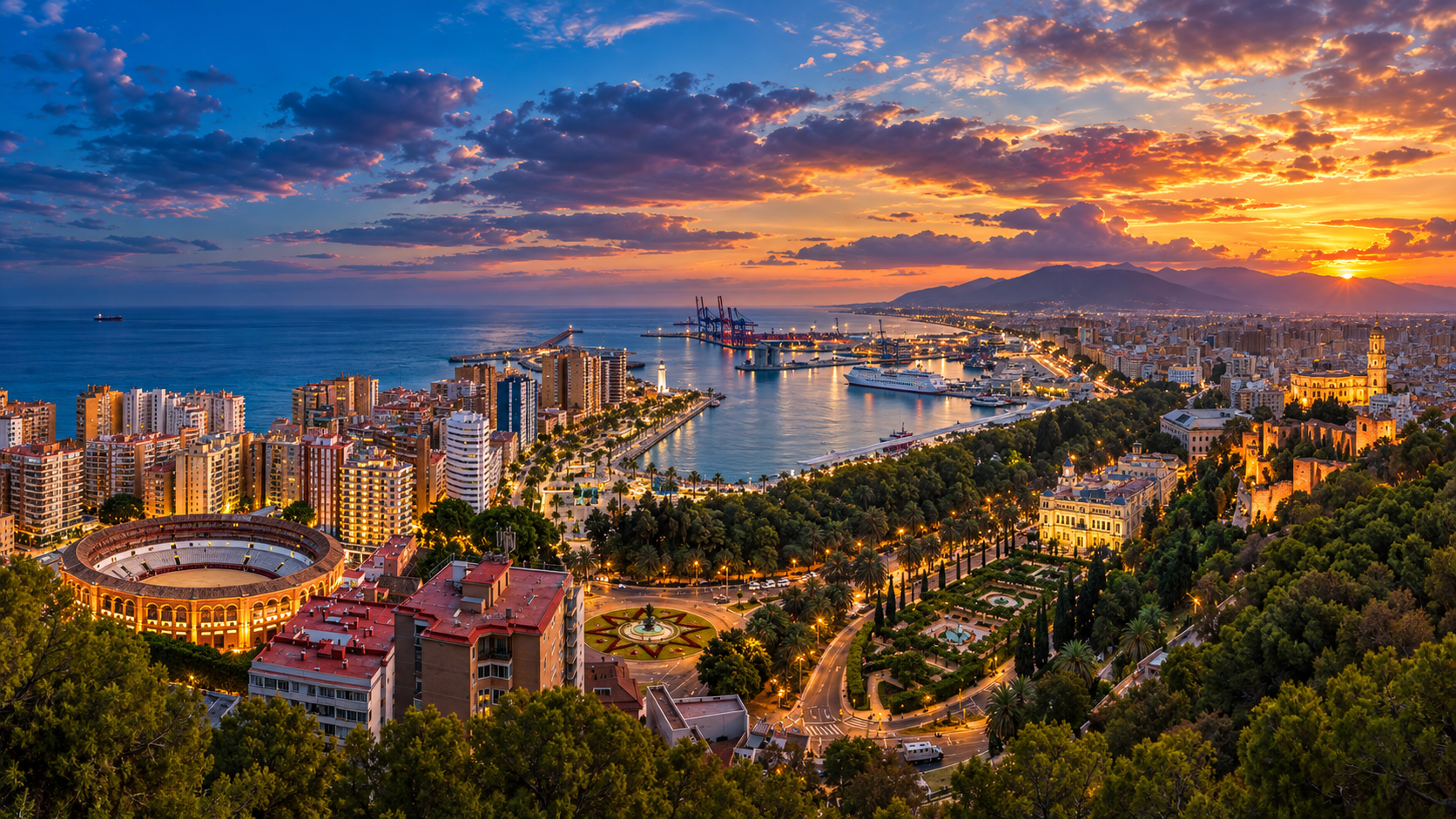 Recreación con IA de Málaga al atardecer, con el puerto y la ciudad iluminada.